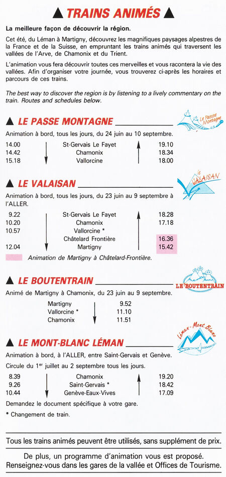 Trains animés en 1990 : Passe-montagne, Valaisan, Boutentrain, Mont-Blanc-Léman